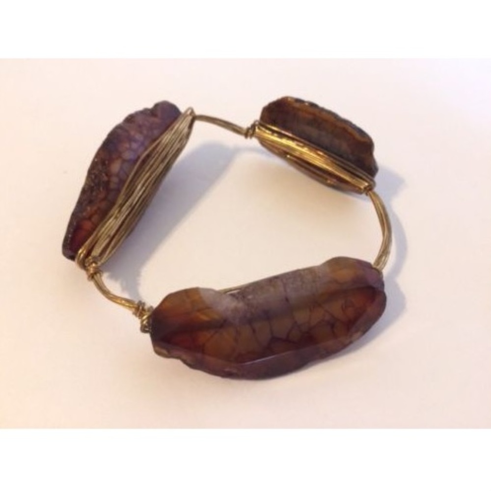 Boutique Gold Tone Wire-wrapped Brown Stone Bangle